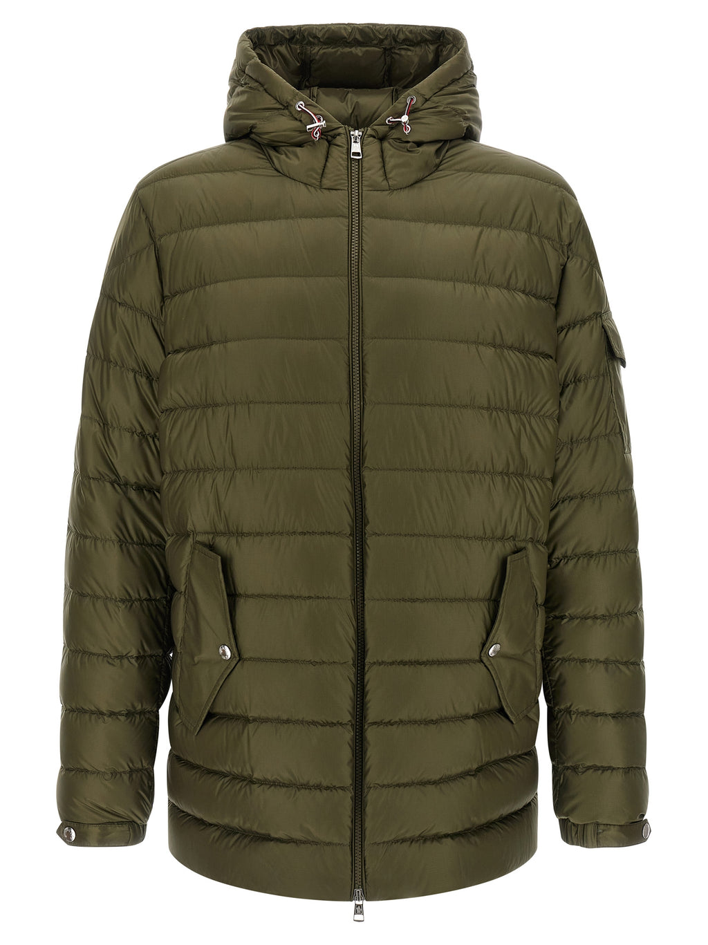 Veste Moncler bicolore en polyamide, parka légère avec capuche et fermeture éclair, idéale pour l'hiver.