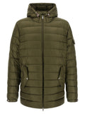 Veste Moncler bicolore en polyamide, parka légère avec capuche et fermeture éclair, idéale pour l'hiver.