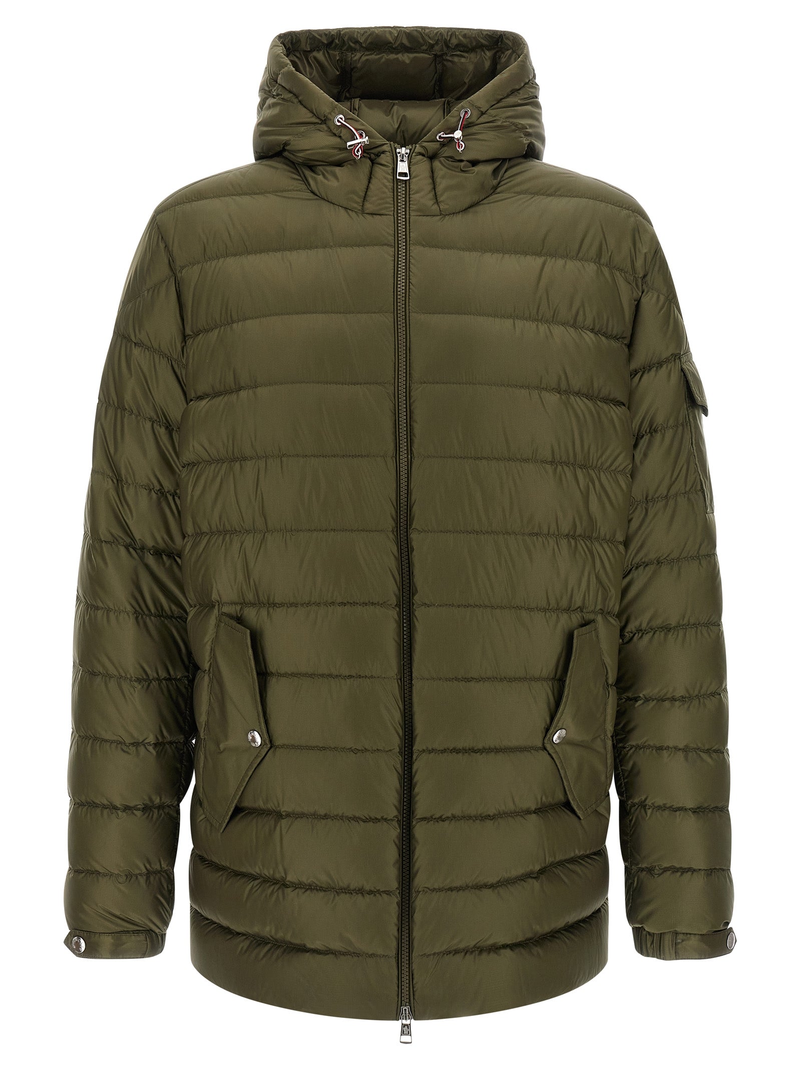 Veste Moncler bicolore en polyamide, parka légère avec capuche et fermeture éclair, idéale pour l'hiver.