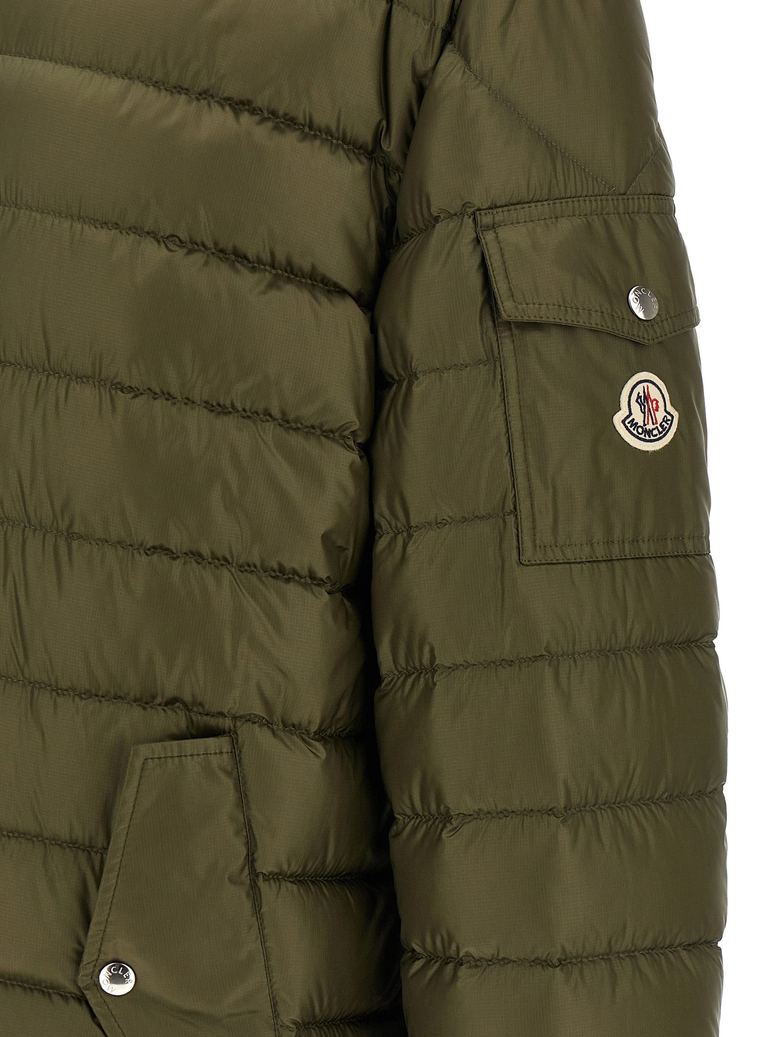 Veste Moncler bicolore en polyamide, parka chaude avec capuche, fermeture éclair et poches latérales, pour homme.