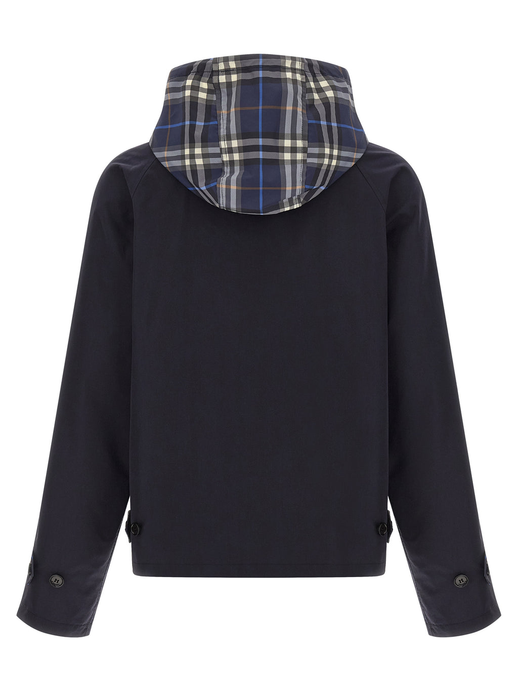Veste longue en coton bleu de la marque Burberry, style élégant et coupe ajustée, visible avec détails de finition.