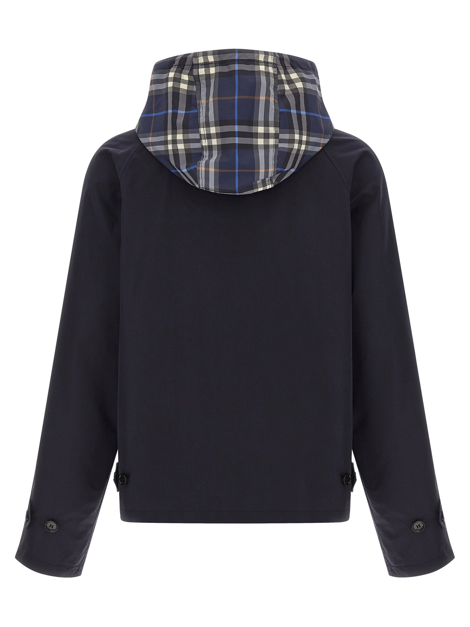 Veste longue en coton bleu de la marque Burberry, style élégant et coupe ajustée, visible avec détails de finition.