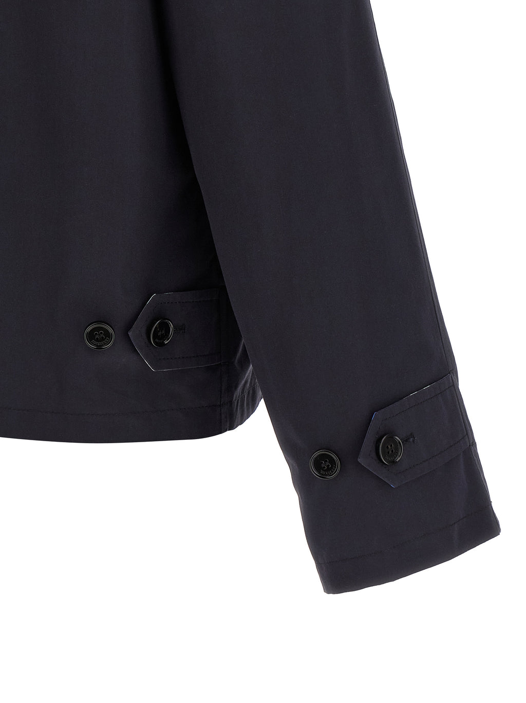 Veste longue en coton bleu de Burberry, coupe classique, avec détails de design élégants visible sur l'image.