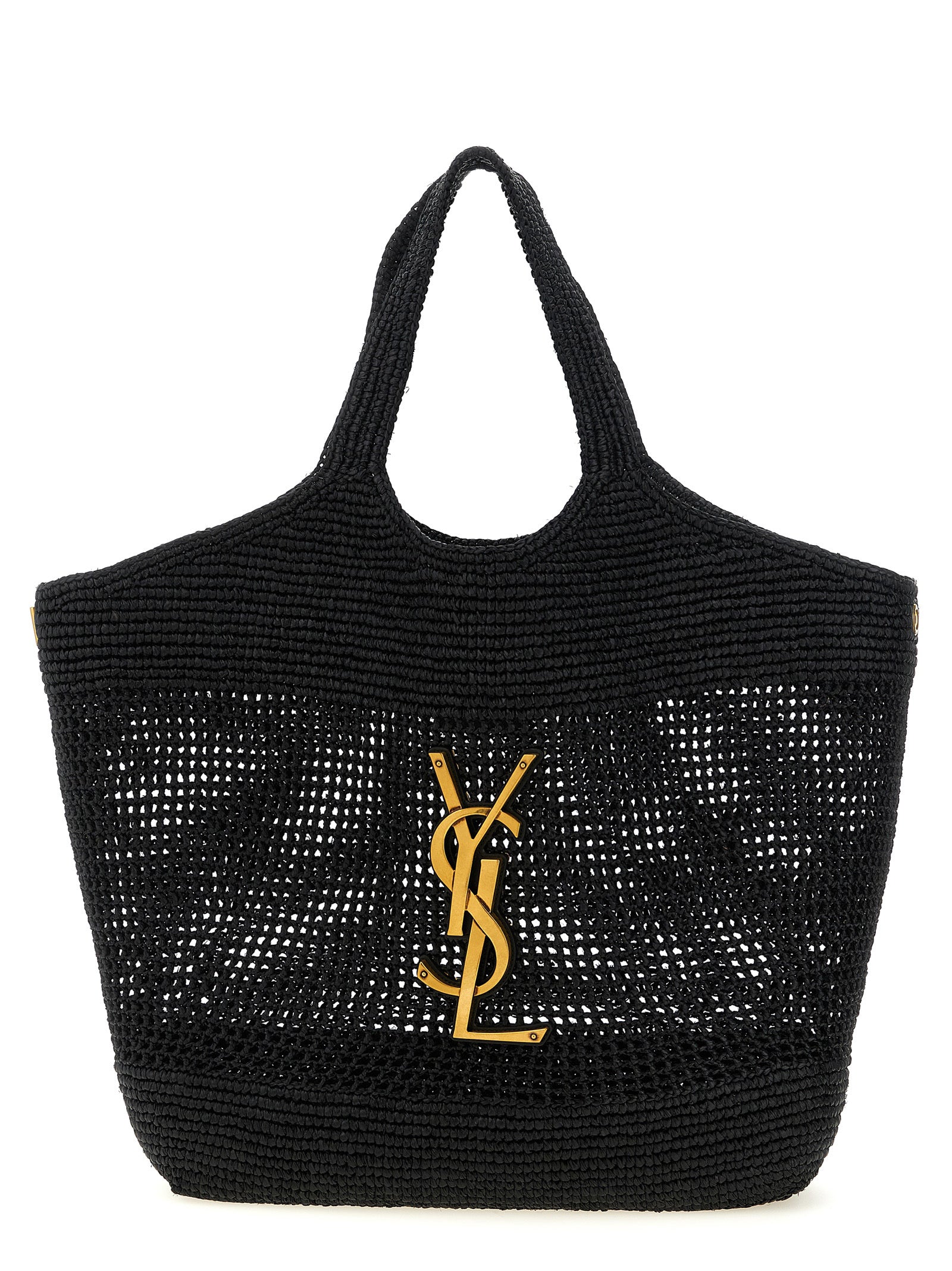 Sac cabas noir en rafia de Saint Laurent, avec poignées épaisses et finition élégante, idéal pour un style sophistiqué.