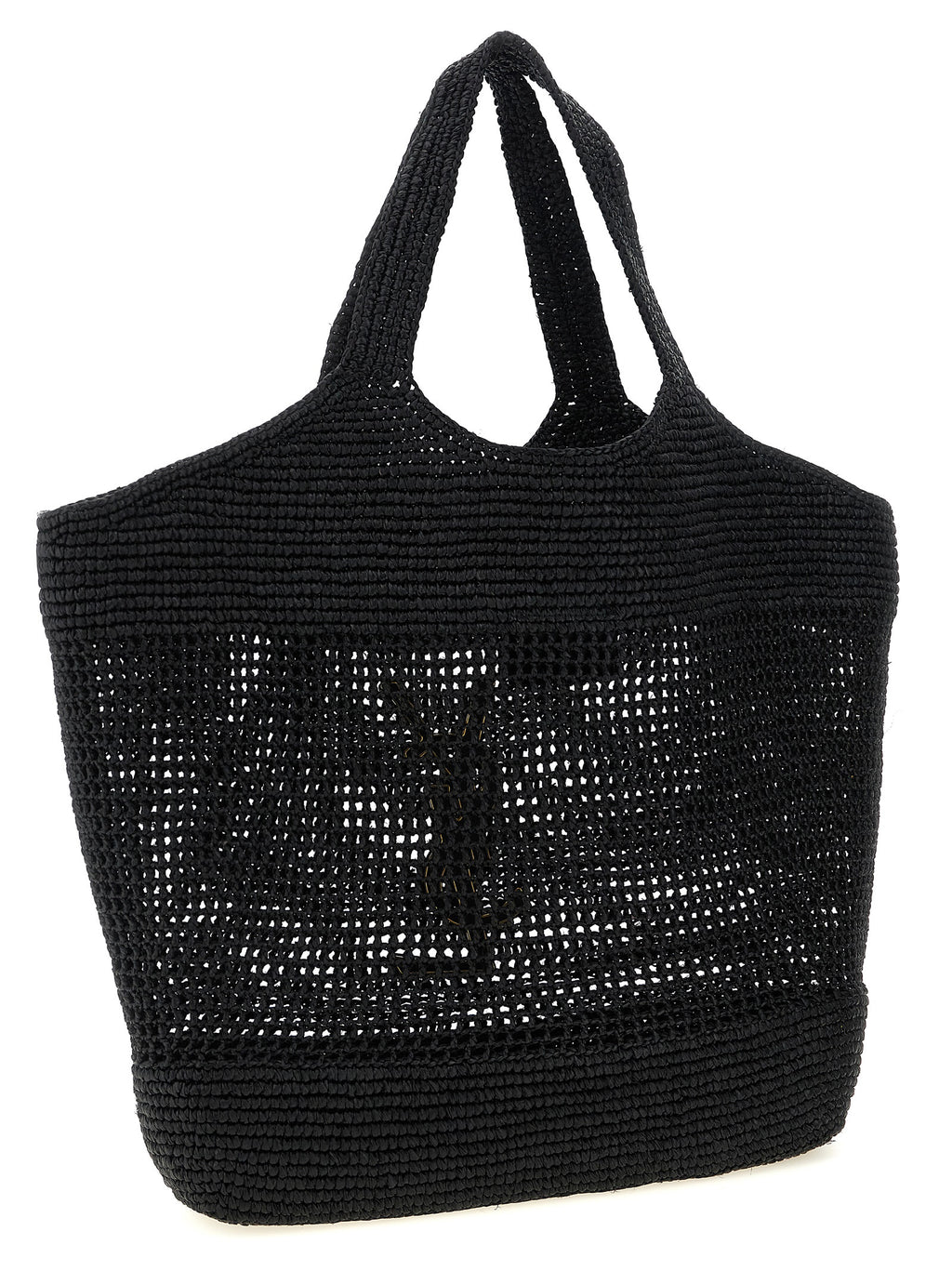 Sac cabas Saint Laurent en raffia noir, avec poignées en cuir, élégant et spacieux, pour un style sophistiqué et tendance.