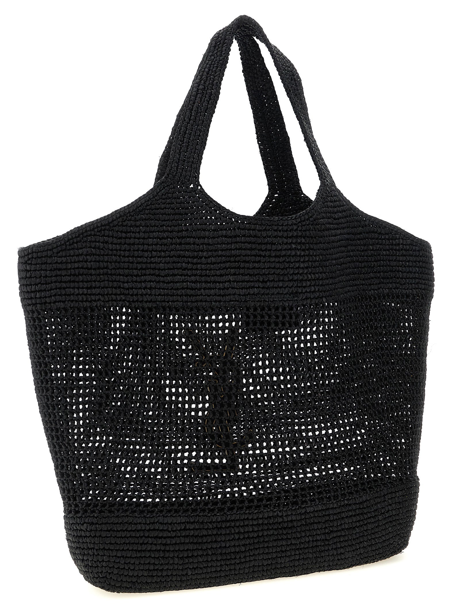 Sac cabas Saint Laurent en raffia noir, avec poignées en cuir, élégant et spacieux, pour un style sophistiqué et tendance.