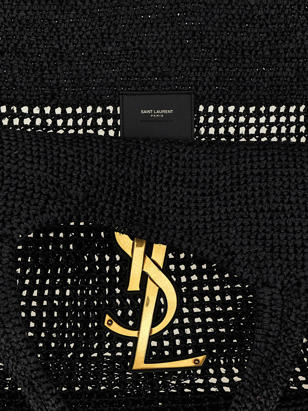 Sac cabas en raffia noir de Saint Laurent avec détails élégants et poignées en cuir, idéal pour un style sophistiqué.