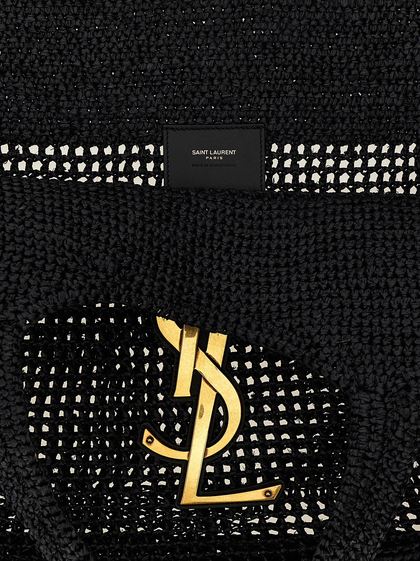 Sac cabas en raffia noir de Saint Laurent avec détails élégants et poignées en cuir, idéal pour un style sophistiqué.