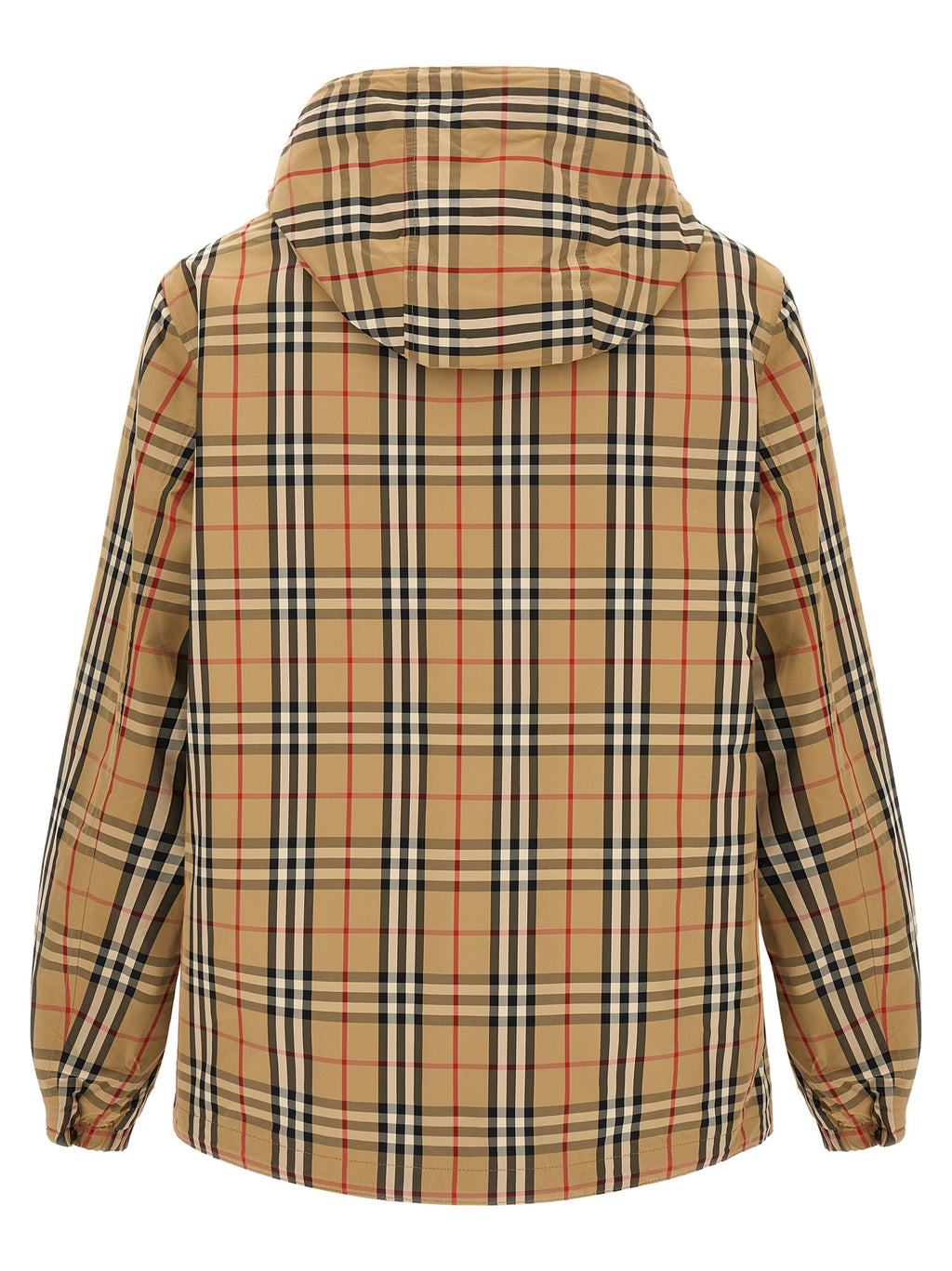 Veste en nylon polyamide multicolore Burberry, coupe moderne avec capuche et fermeture éclair, vue de face.