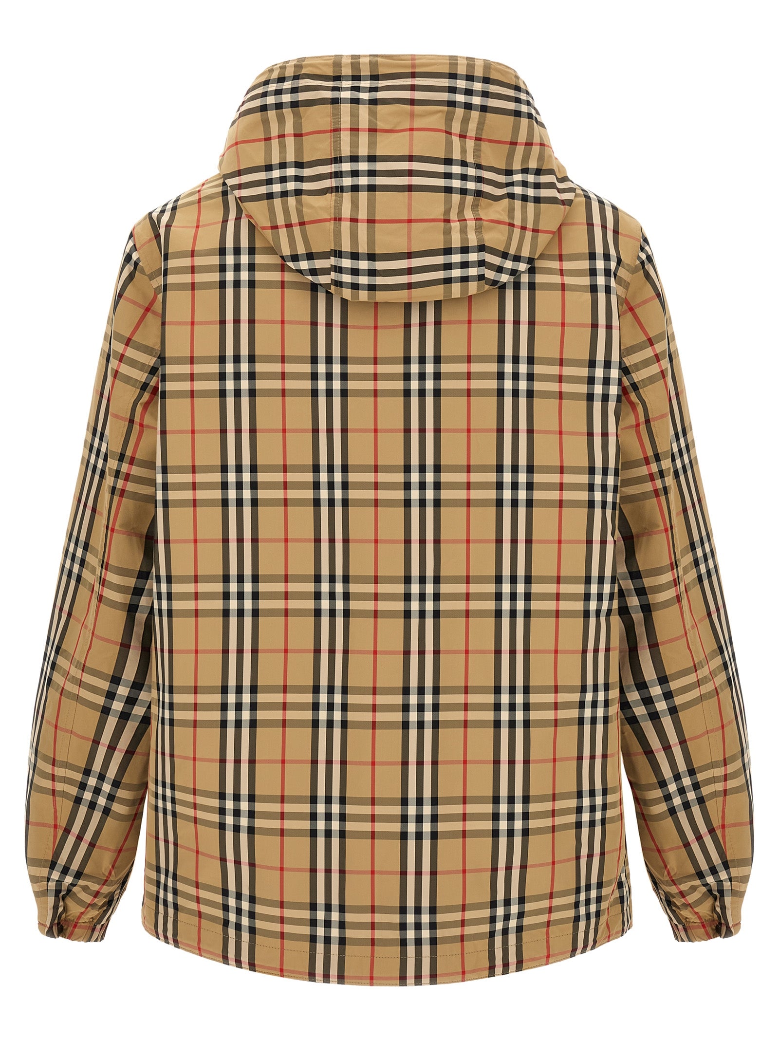 Veste en nylon polyamide multicolore Burberry, coupe moderne avec capuche et fermeture éclair, vue de face.
