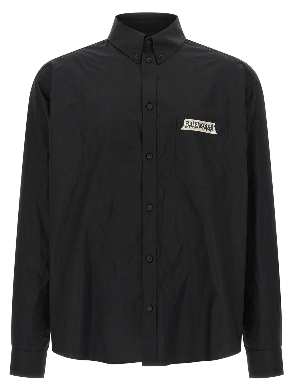 Chemise en coton noir de Balenciaga, détail du col et des manches, élégante et moderne.