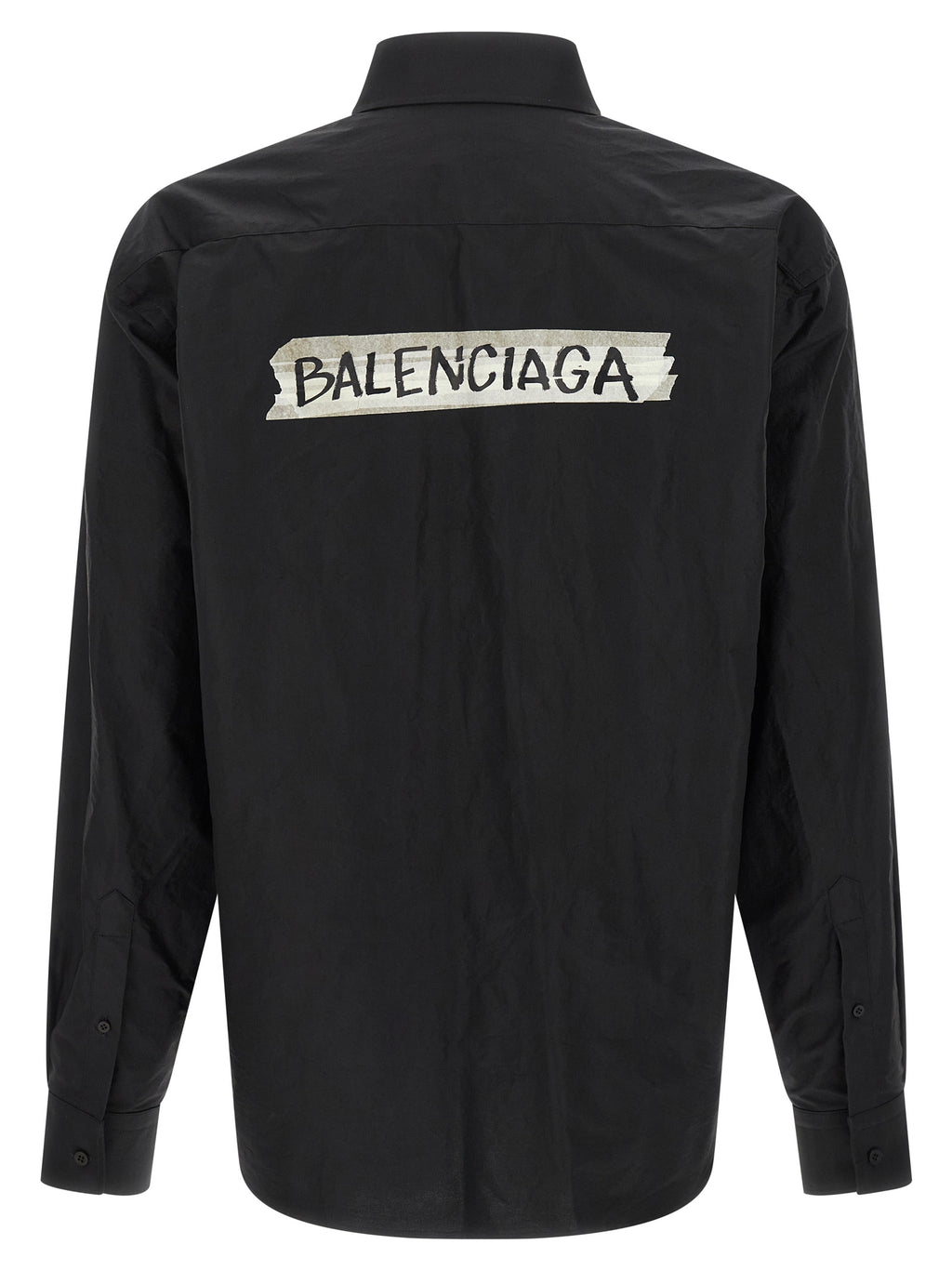 Chemise en coton noir Balenciaga, vue de face, avec détails de coupe élégants.