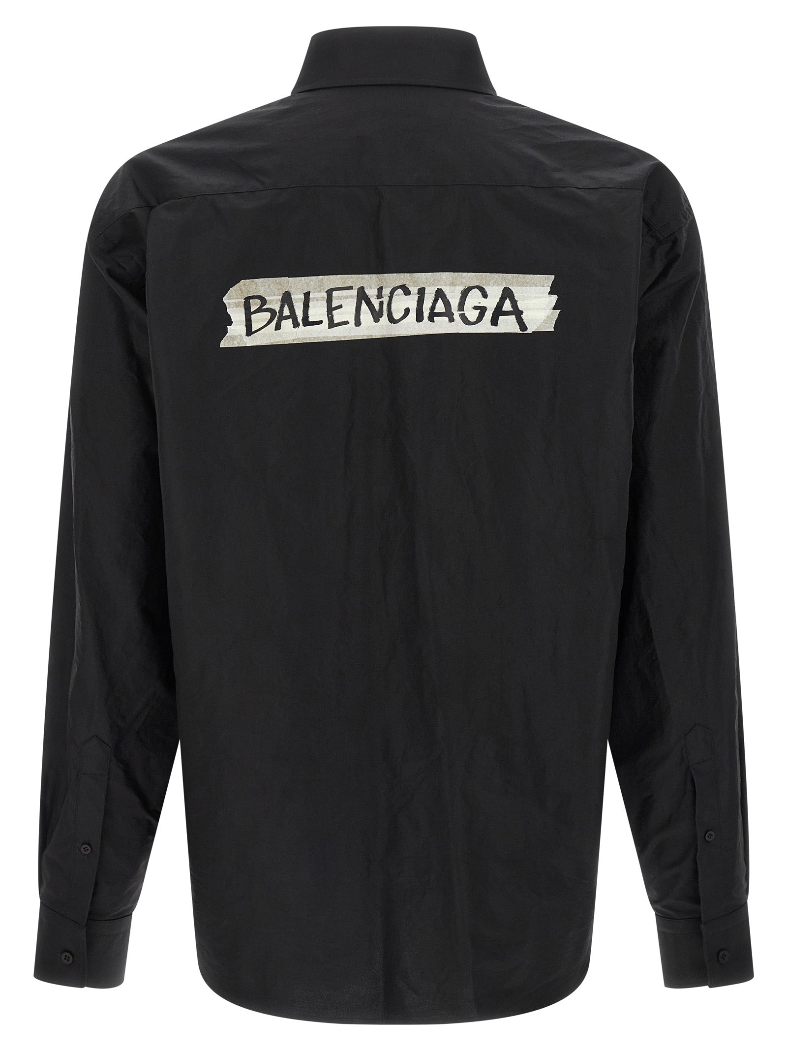 Chemise en coton noir Balenciaga, vue de face, avec détails de coupe élégants.
