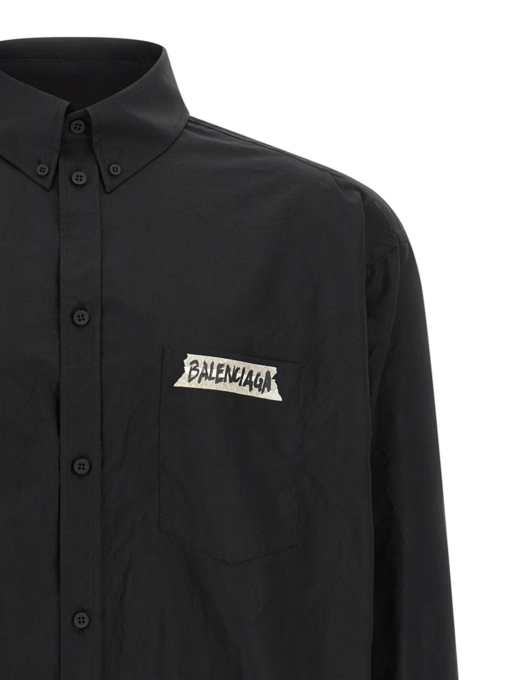 Chemise noire en coton de Balenciaga, coupe élégante avec col classique et manches longues, tissu doux et confortable.