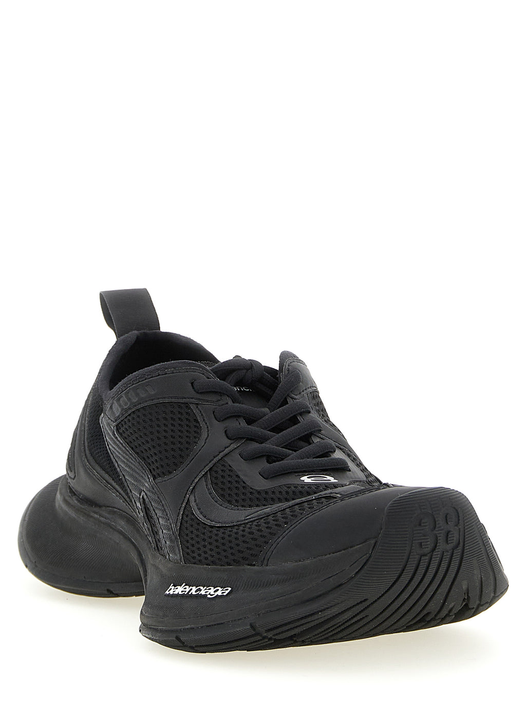 Chaussures de sport noires Balenciaga en polyester avec semelles épaisses et design moderne, vues de face.