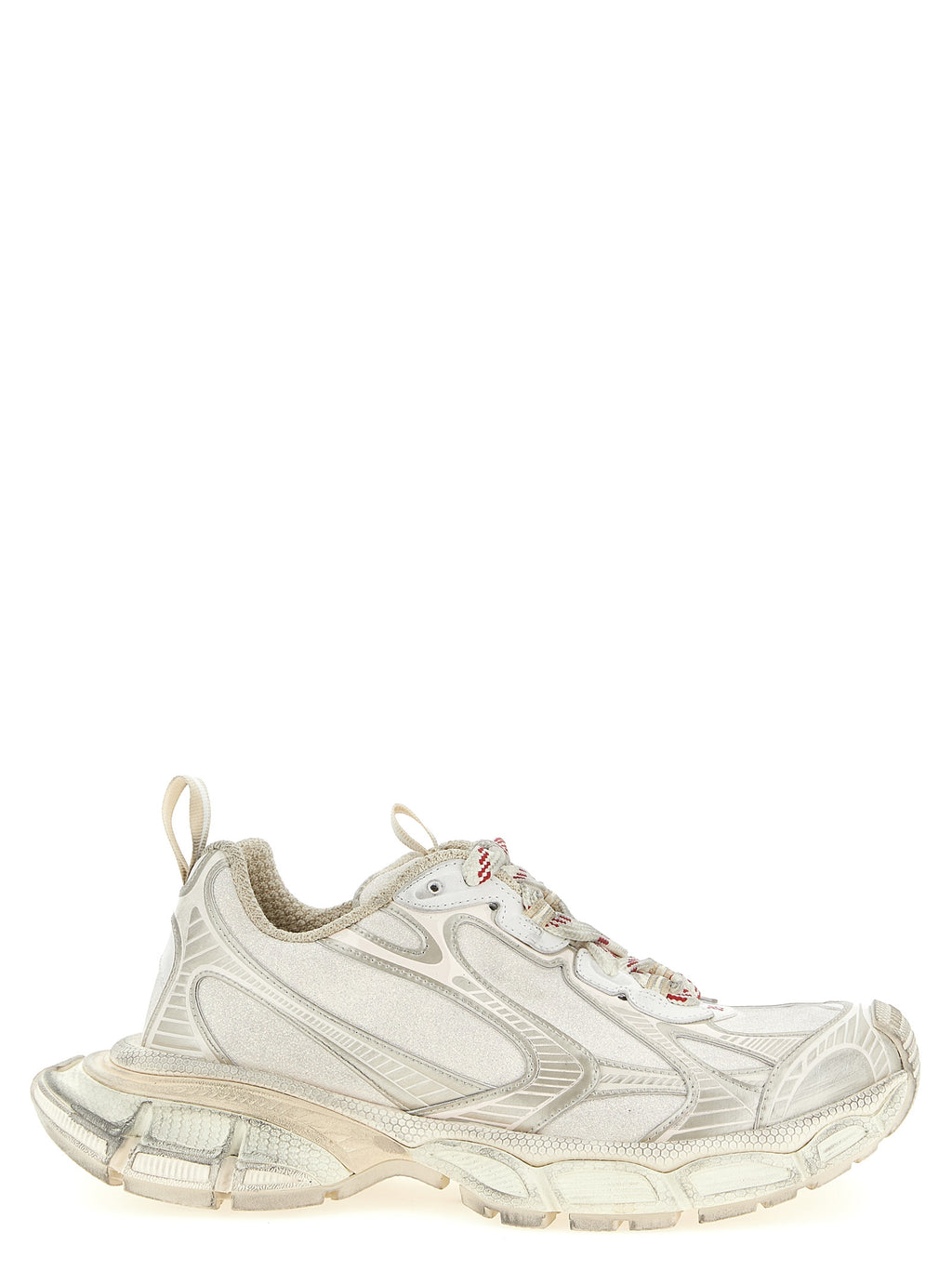 Chaussures de sport Balenciaga en polyethylene argenté, baskets athlétiques modernes avec semelle épaisse et design futuriste.
