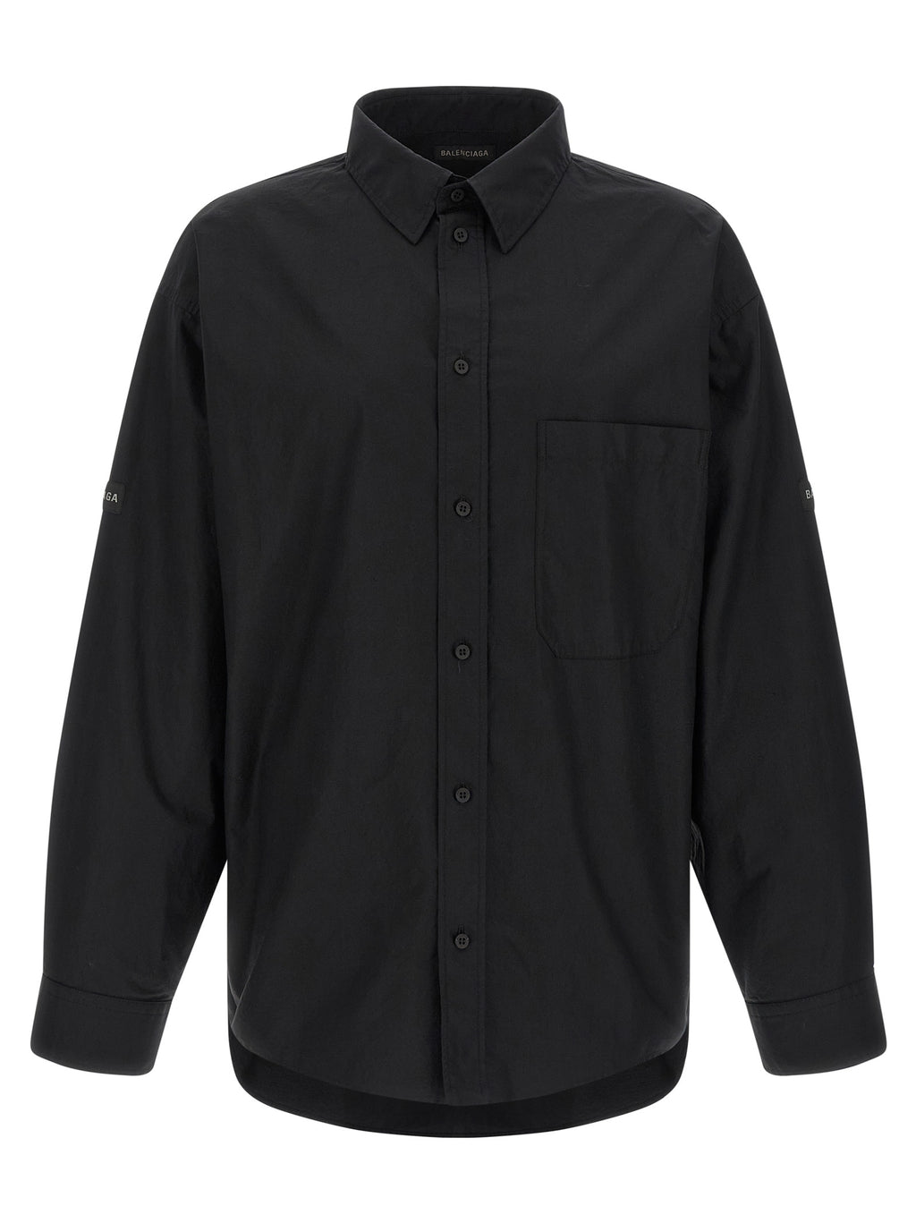 Chemise en coton noire Balenciaga avec col et manches longues, vue de face.