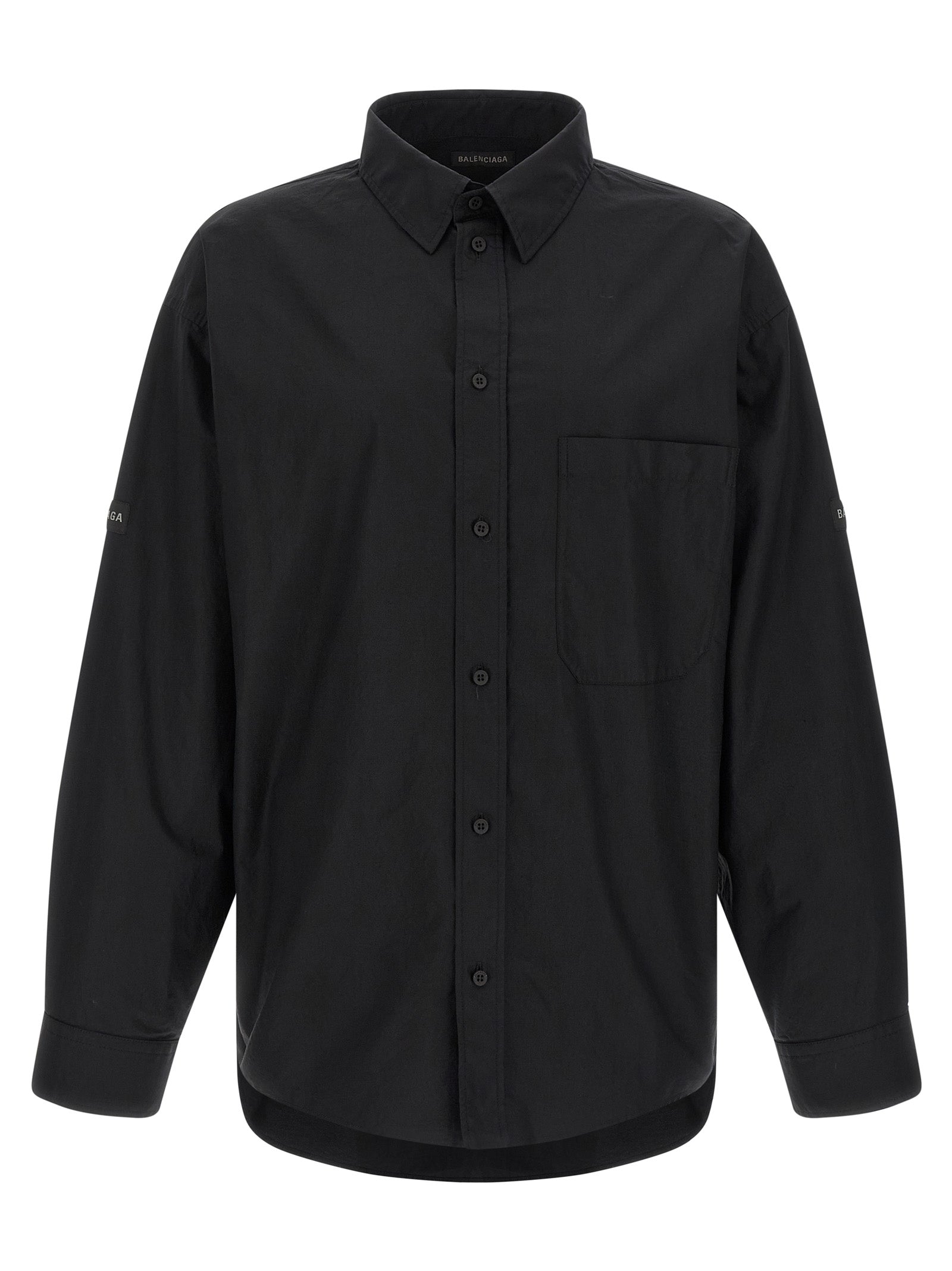 Chemise en coton noire Balenciaga avec col et manches longues, vue de face.