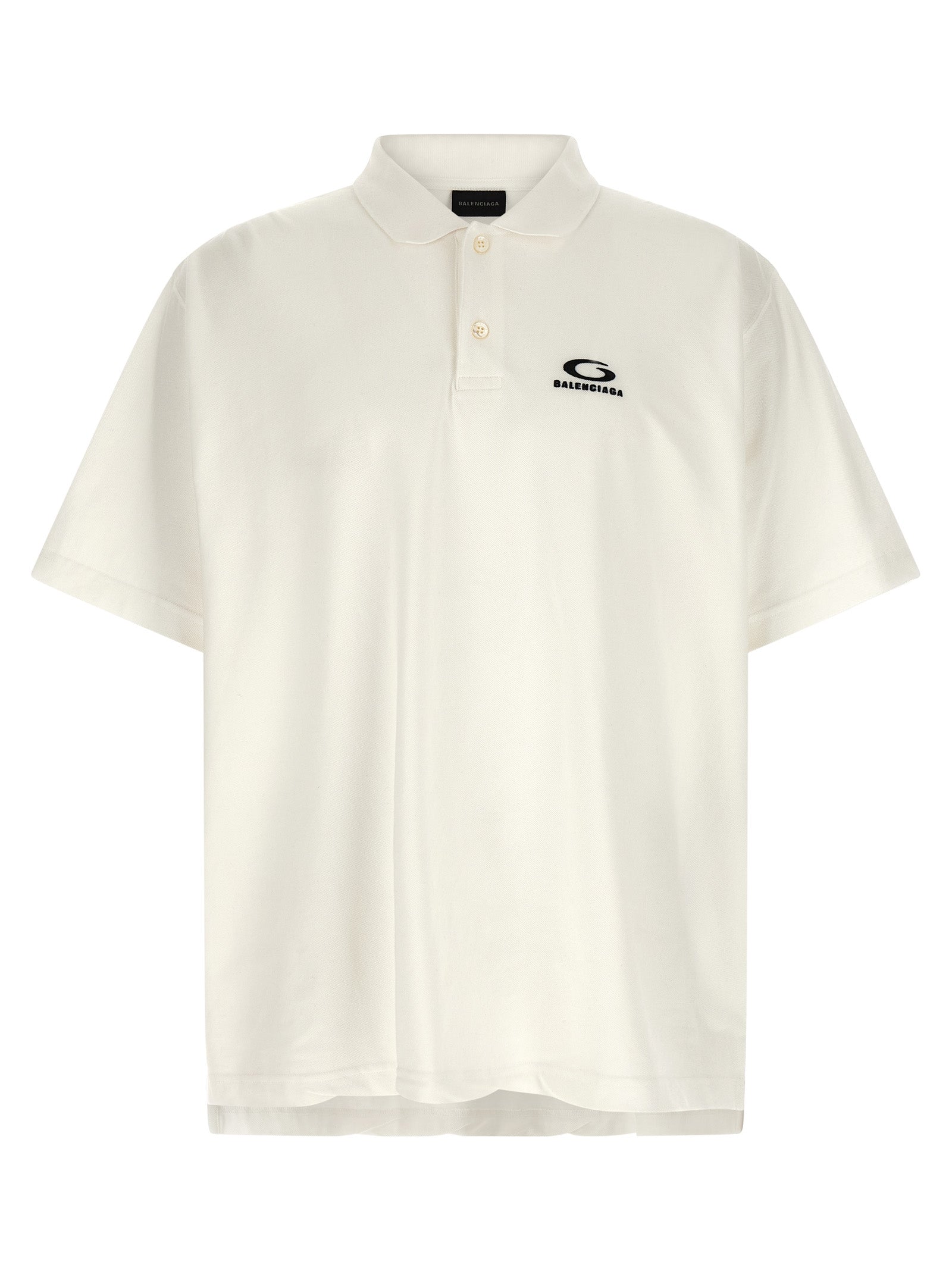 Chemise polo en coton blanc de Balenciaga, vue de face avec col et logo discret visible.