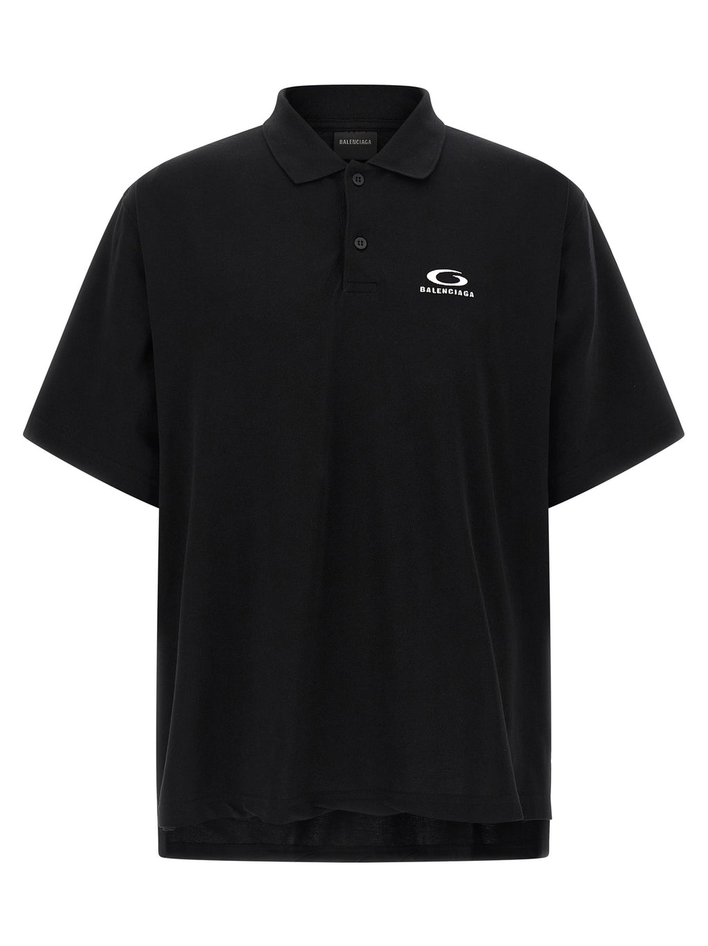 Chemise polo noire en coton de Balenciaga, vue de face, avec col classique et logo discreet en détail.