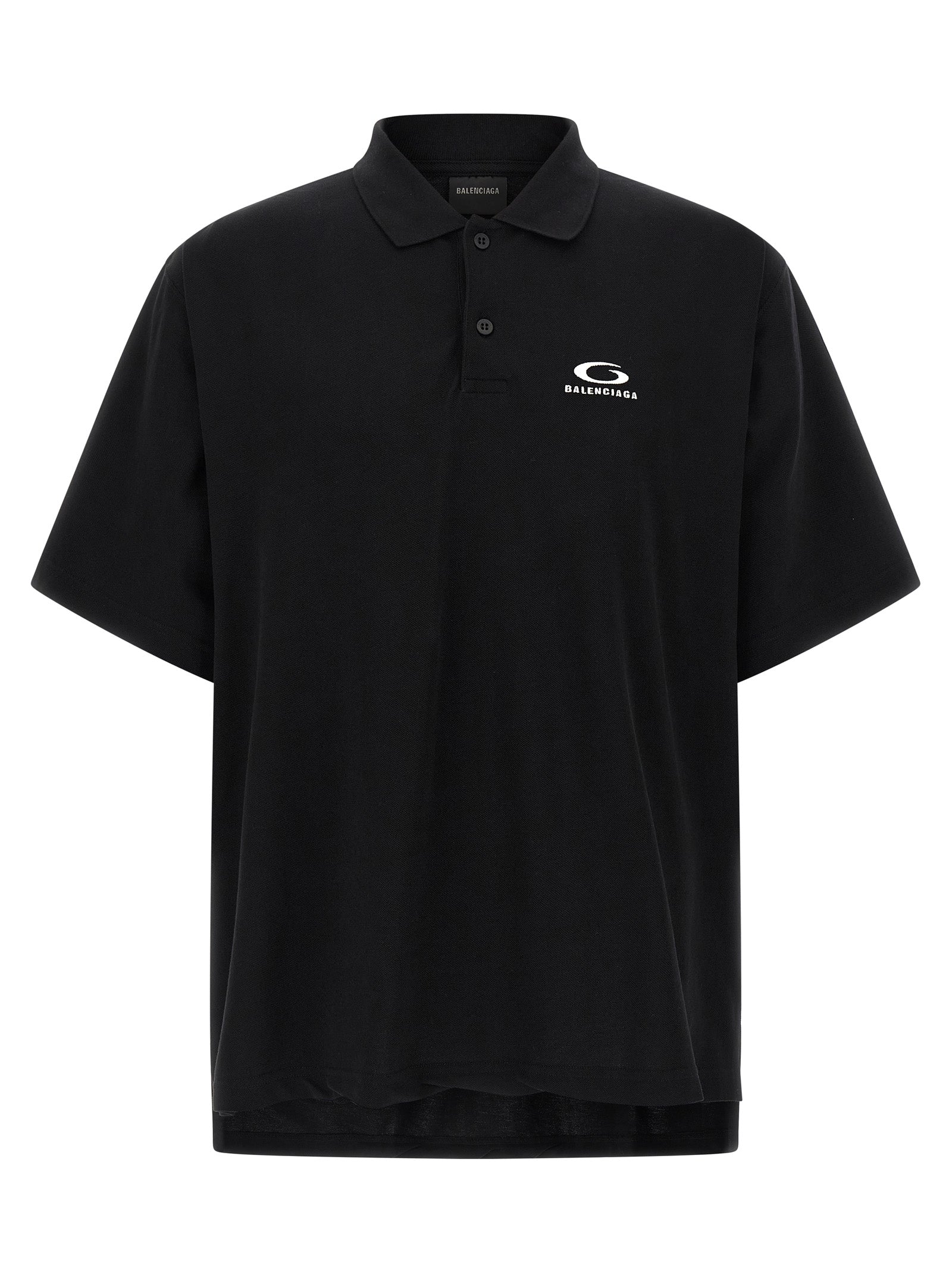 Chemise polo noire en coton de Balenciaga, vue de face, avec col classique et logo discreet en détail.