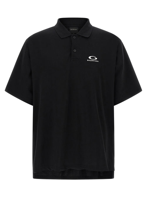 Chemise polo noire en coton de Balenciaga, vue de face, avec col classique et logo discreet en détail.