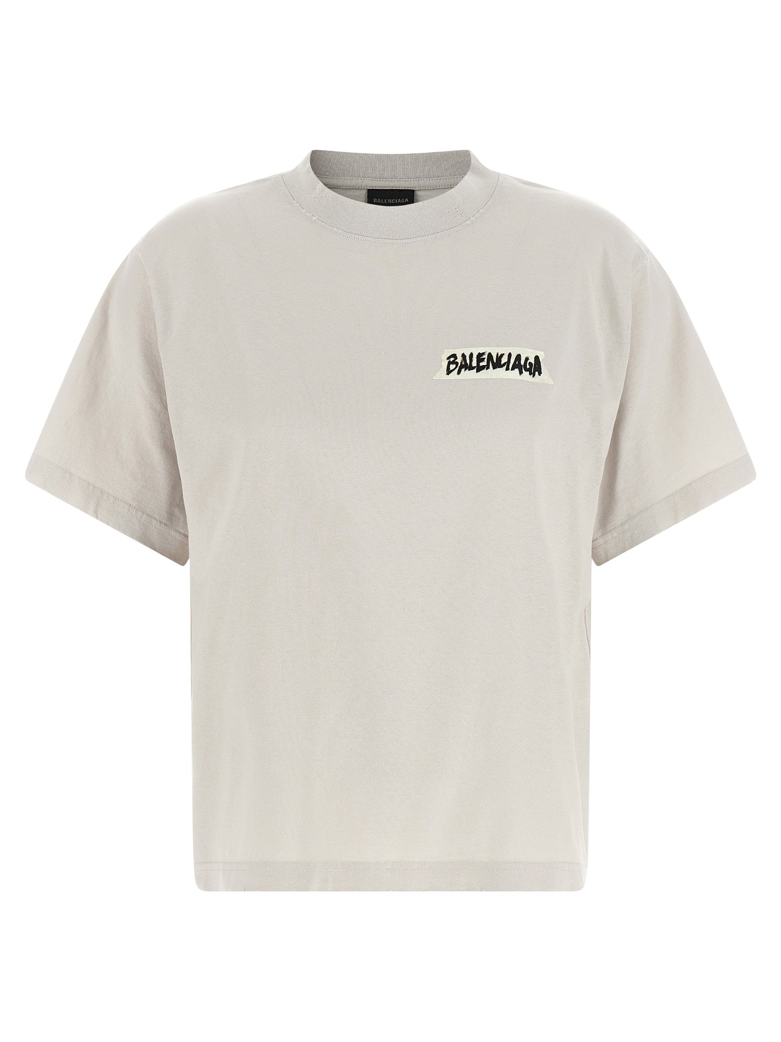 T-shirt gris en coton de la marque Balenciaga, coupe classique, visible sur un mannequin.