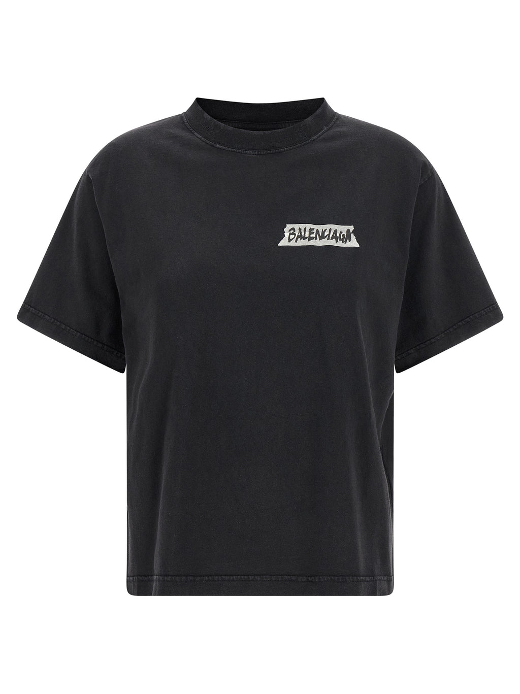 T-shirt en coton noir de Balenciaga, coupe classique, logo discret sur le devant, porté sur un mannequin.