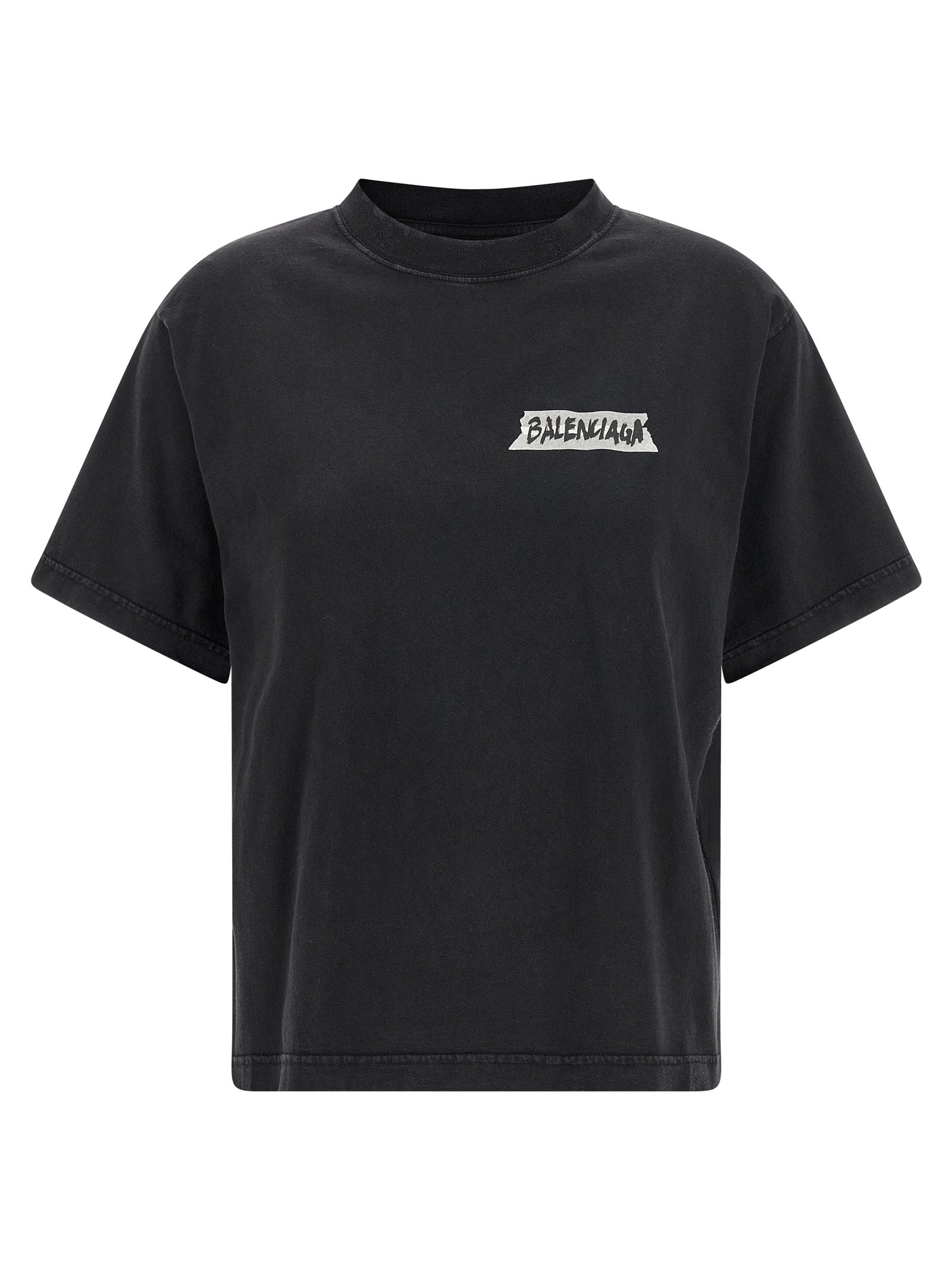 T-shirt en coton noir de Balenciaga, coupe classique, logo discret sur le devant, porté sur un mannequin.