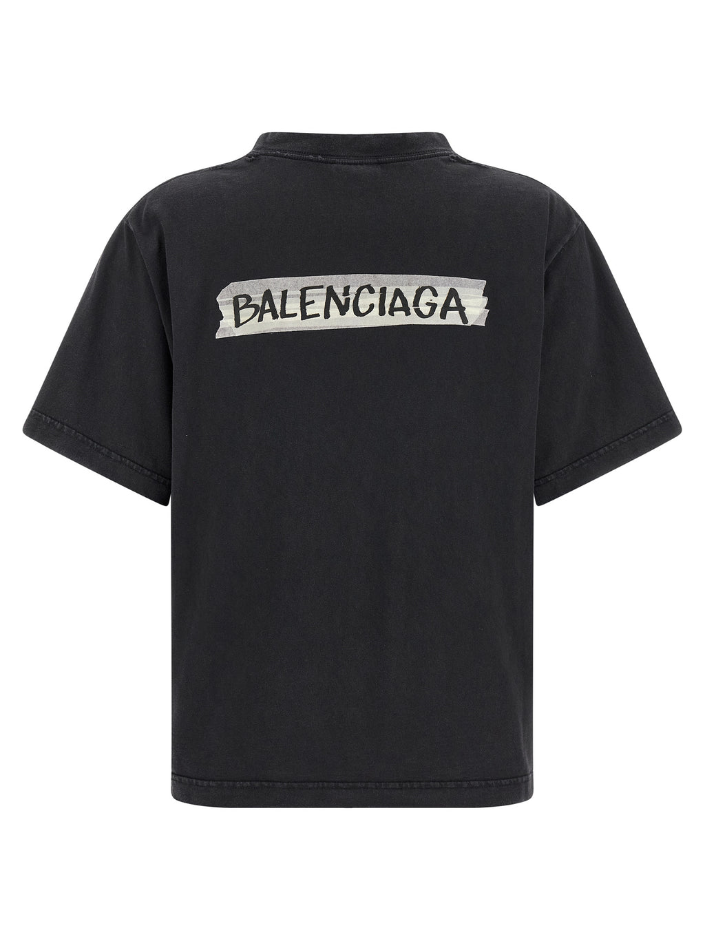 T-shirt en coton noir Balenciaga, coupe classique, logo discret sur la poitrine, porté sur mannequin.