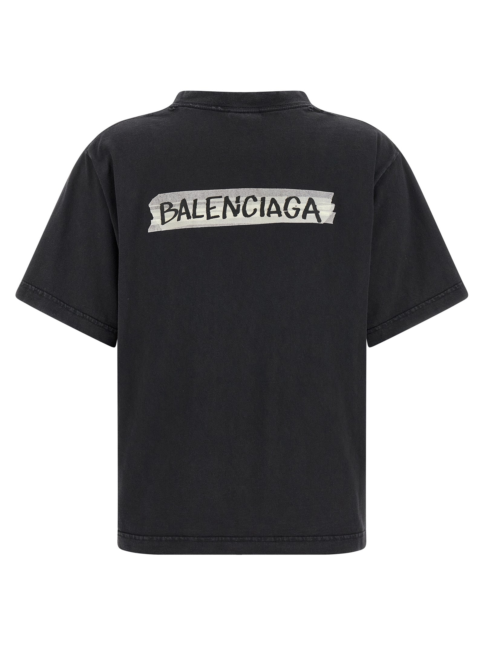 T-shirt en coton noir Balenciaga, coupe classique, logo discret sur la poitrine, porté sur mannequin.