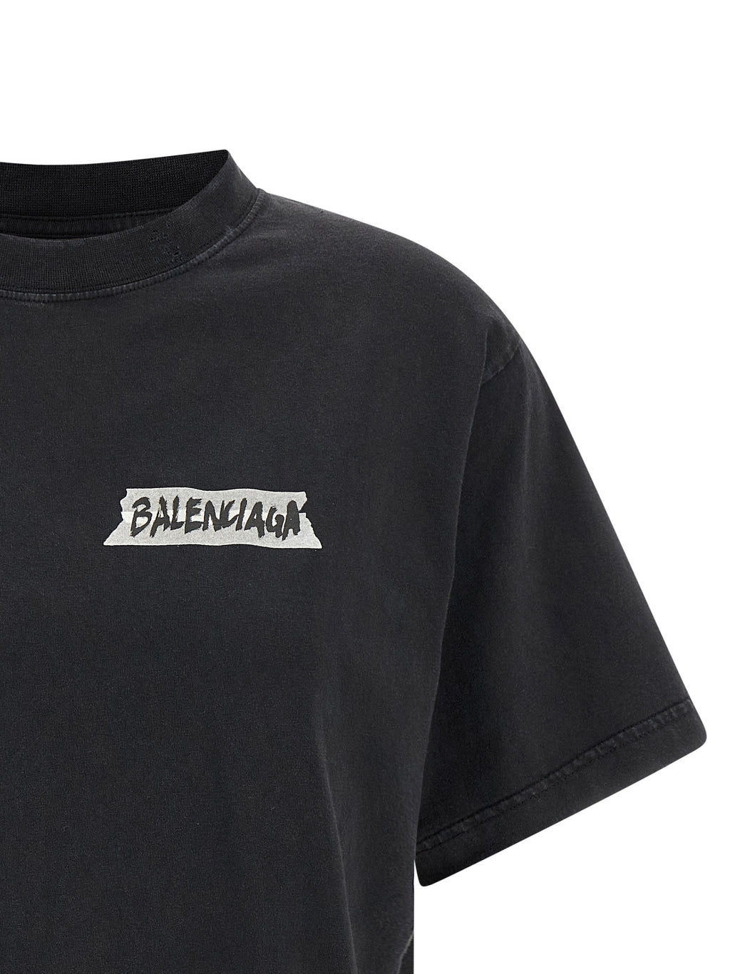 T-shirt noir en coton de la marque Balenciaga, coupe classique et logo discret visible sur la partie frontale.