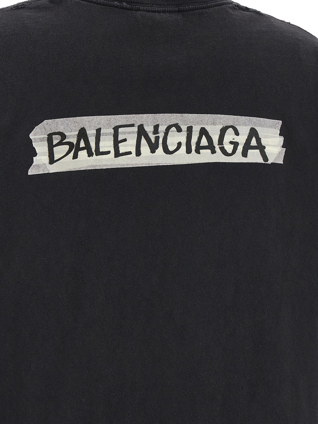 T-shirt en coton noir de Balenciaga, style décontracté avec logo blanc sur la poitrine, vue de face.