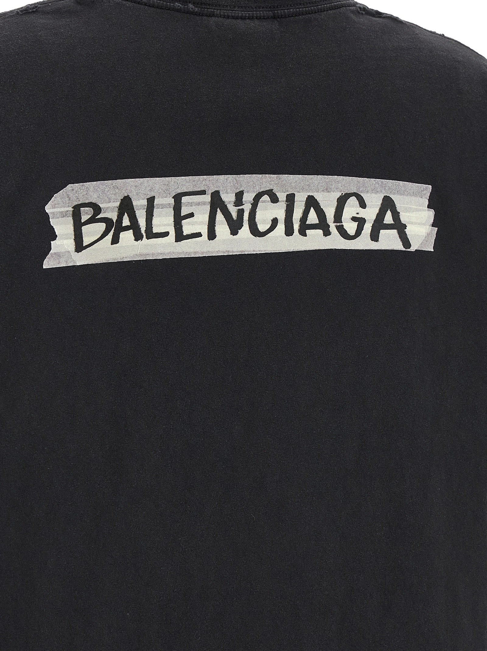 T-shirt en coton noir de Balenciaga, style décontracté avec logo blanc sur la poitrine, vue de face.