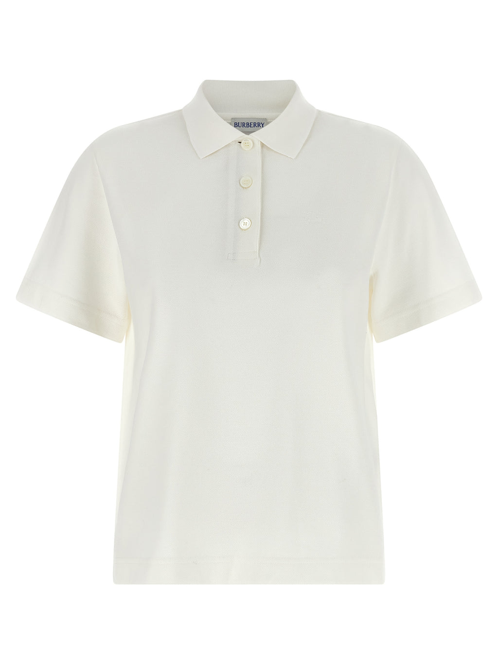 Polo en coton blanc de Burberry, chemise polo élégante avec col et boutons, vue de face sur un fond neutre.