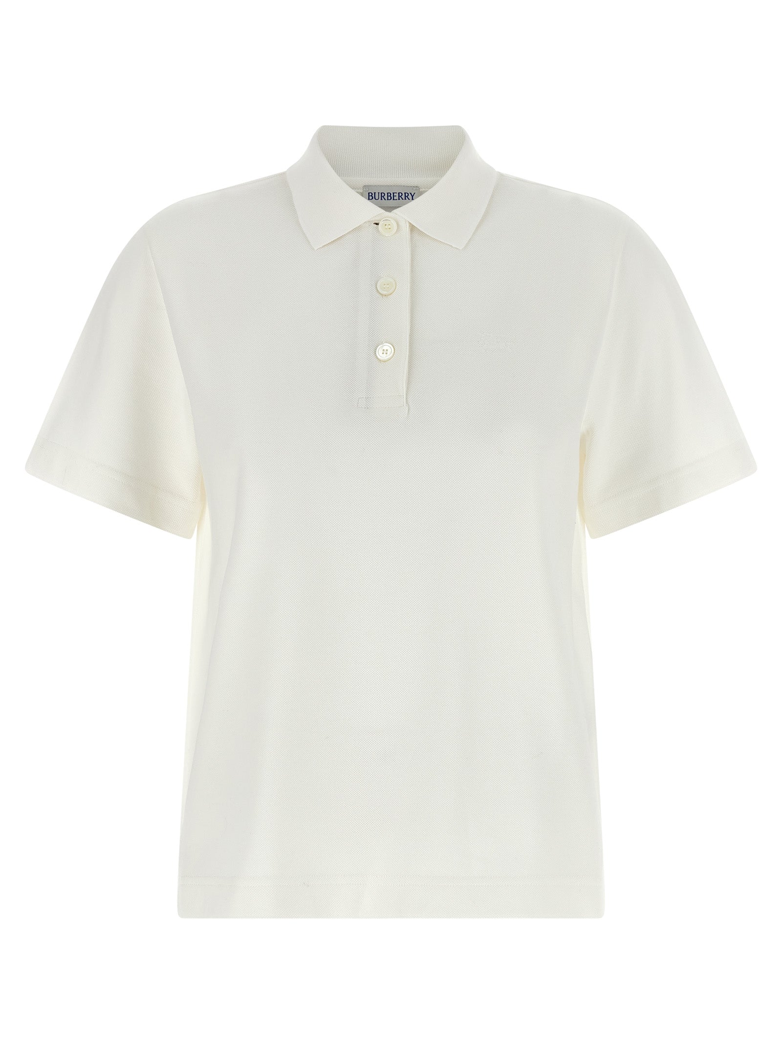 Polo en coton blanc de Burberry, chemise polo élégante avec col et boutons, vue de face sur un fond neutre.
