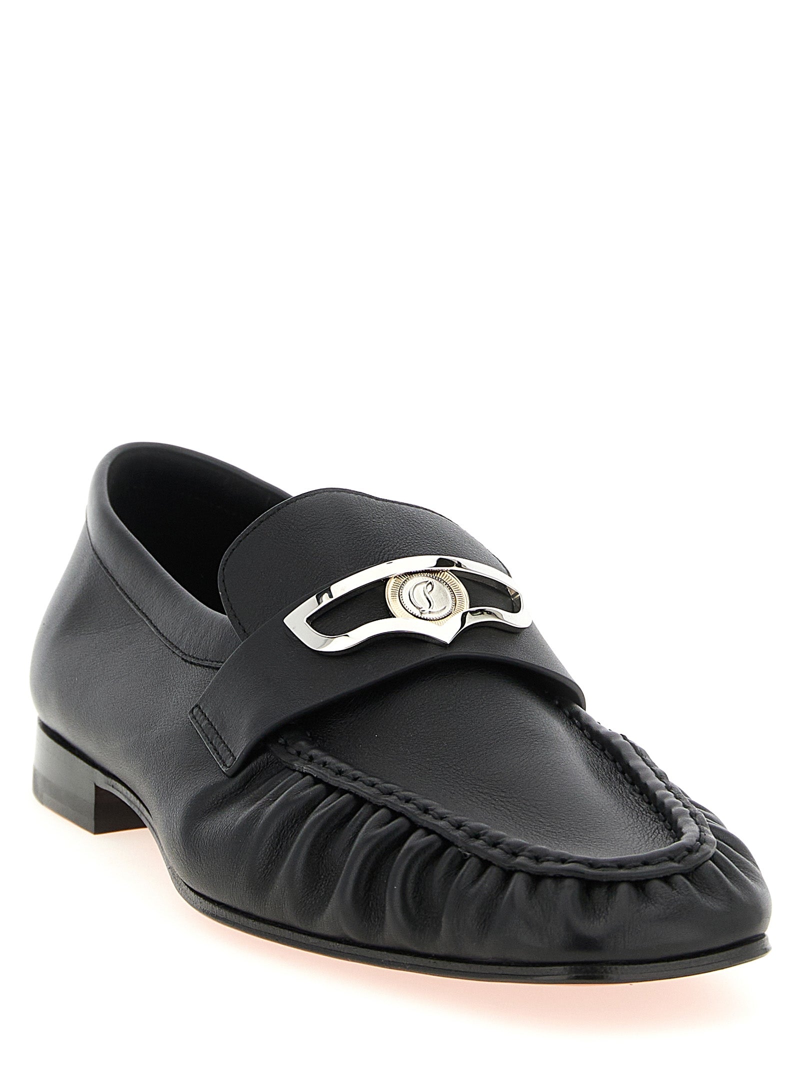 Mocassins Christian Louboutin en cuir de veau noir, slip-on élégants avec semelle en caoutchouc, pour homme.