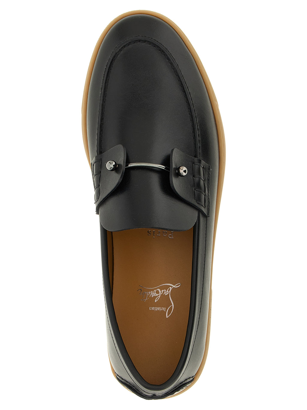 Mocassins Christian Louboutin en cuir de veau noir, chaussons slip-on élégants avec semelle en caoutchouc et détails sophistiqués.