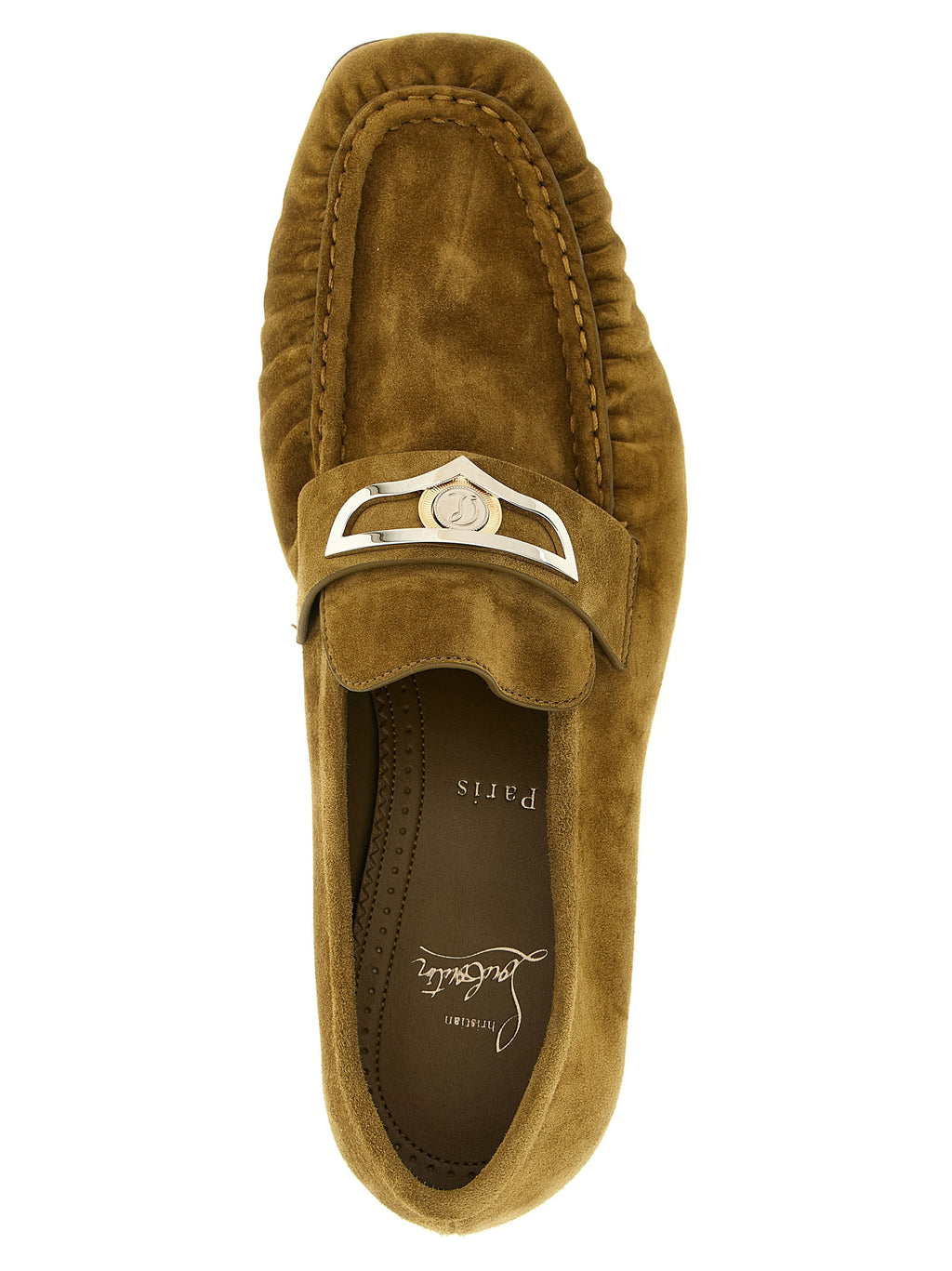 Chaussures Christian Louboutin en cuir de veau marron, mocassins slip-on élégants avec finition raffinée et détails de luxe.