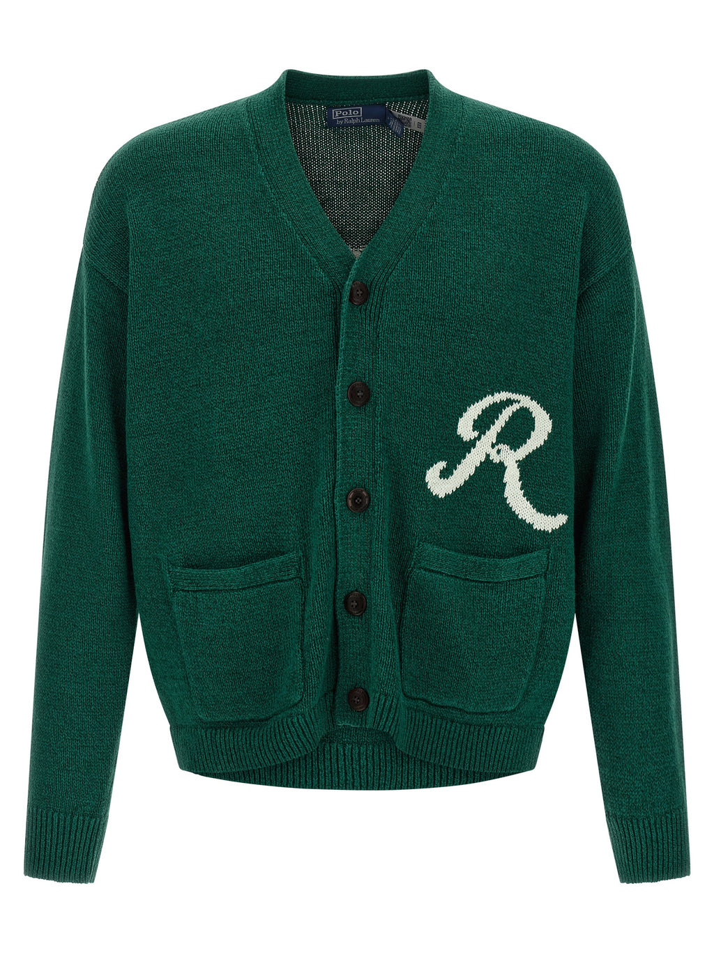 Cardigan en lin bicolore Polo Ralph Lauren avec col en V et boutons, porté sur un mannequin blanc.