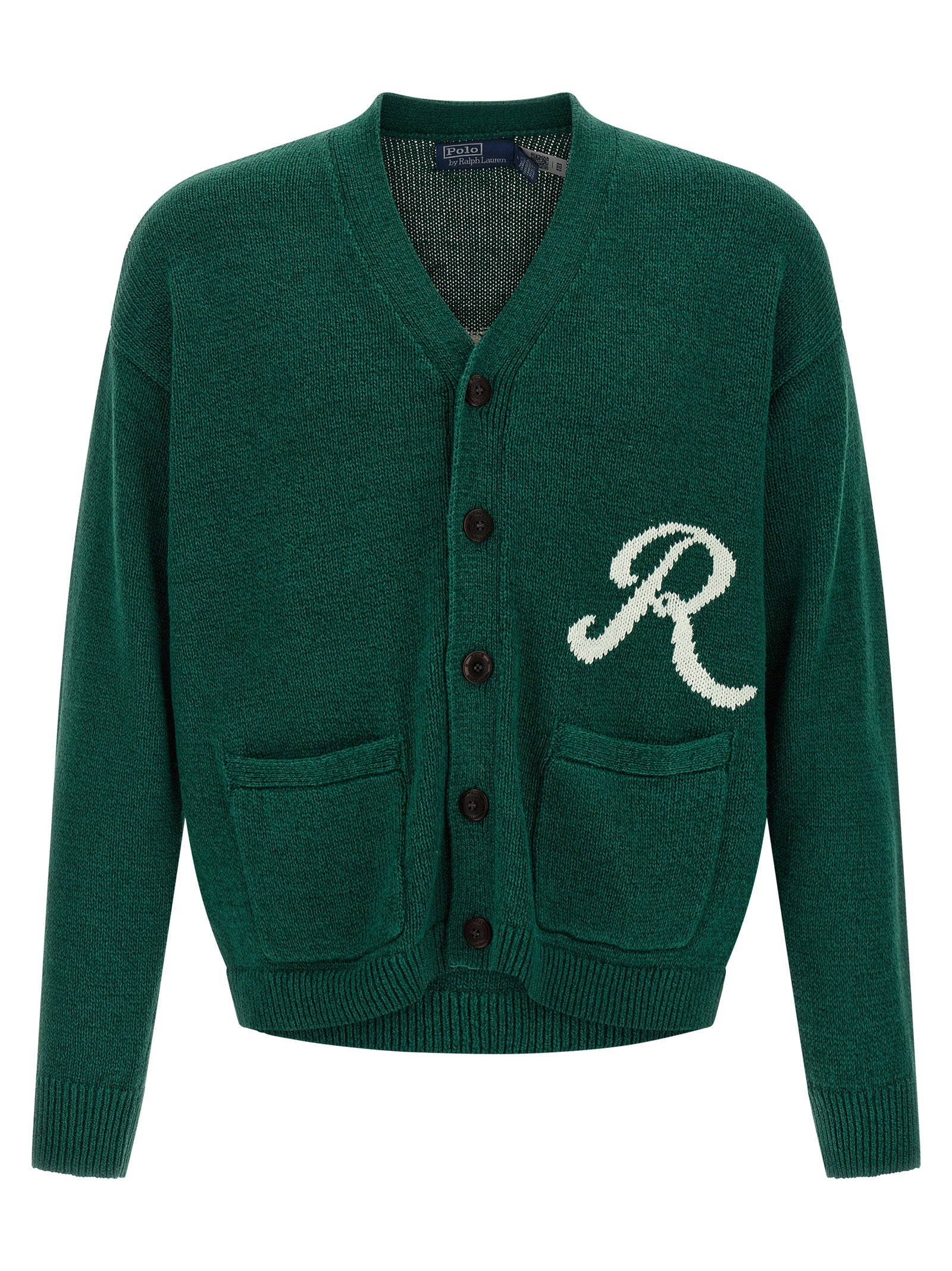 Cardigan en lin bicolore Polo Ralph Lauren avec col en V et boutons, porté sur un mannequin blanc.