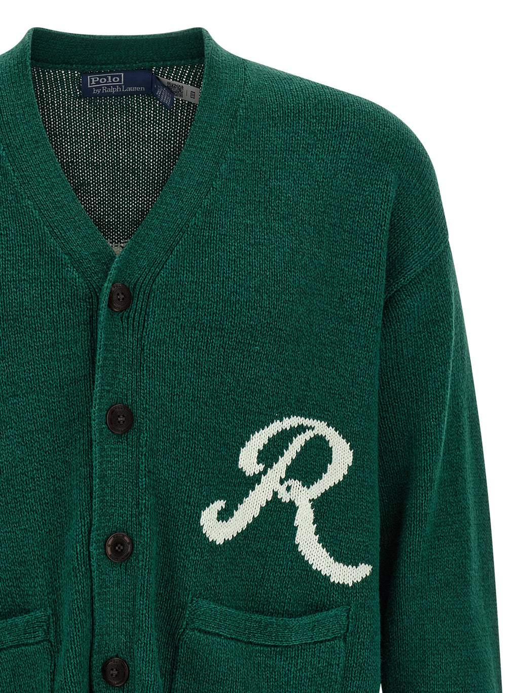 Cardigan en lin bicolore Polo Ralph Lauren avec col en V et boutons, porté en mode décontracté.