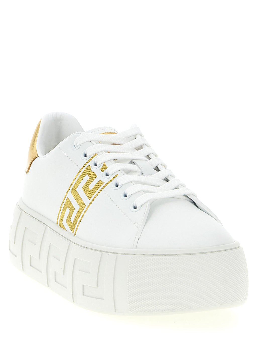 Chaussures plateformes en nylon doré de Versace, sneakers de style sport avec logo Versace visible.