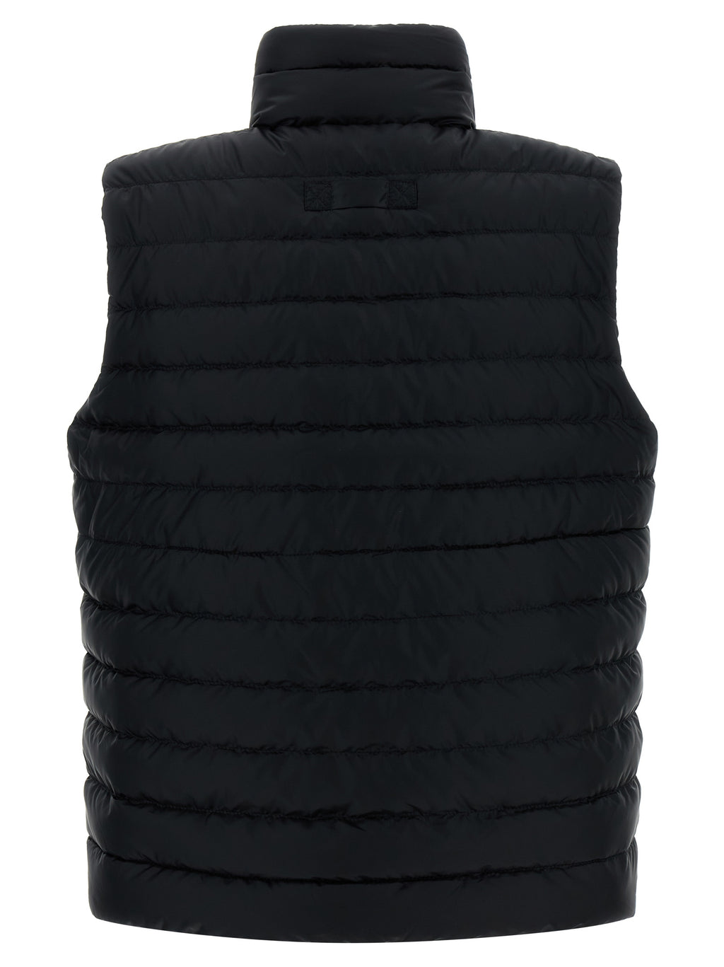 Veste sans manches noire en polyamide de Canada Goose, avec capuche amovible et fermeture éclair visible.