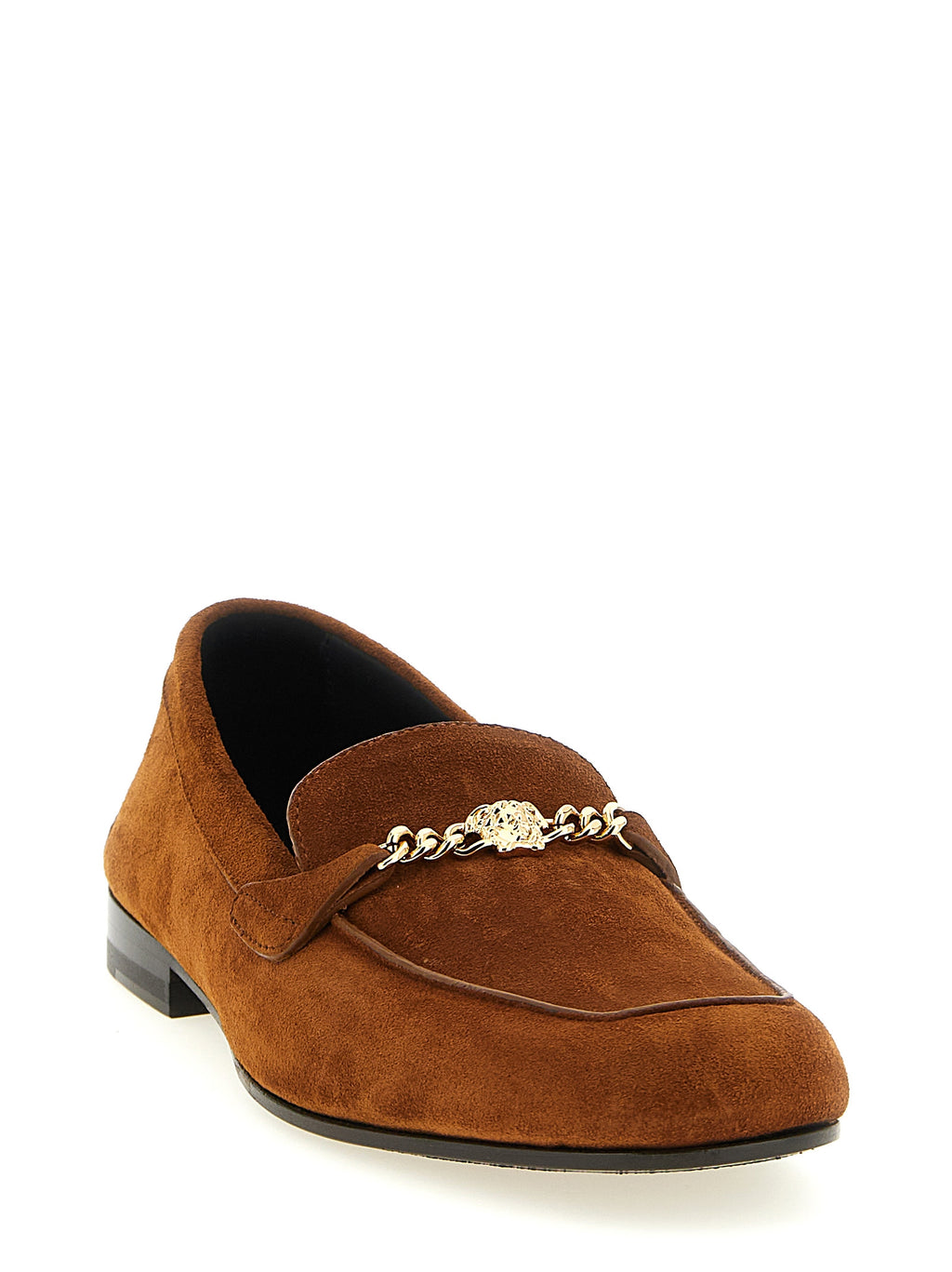 Chaussures mocassins slip-on en cuir de veau marron de Versace, élégantes et confortables pour homme.