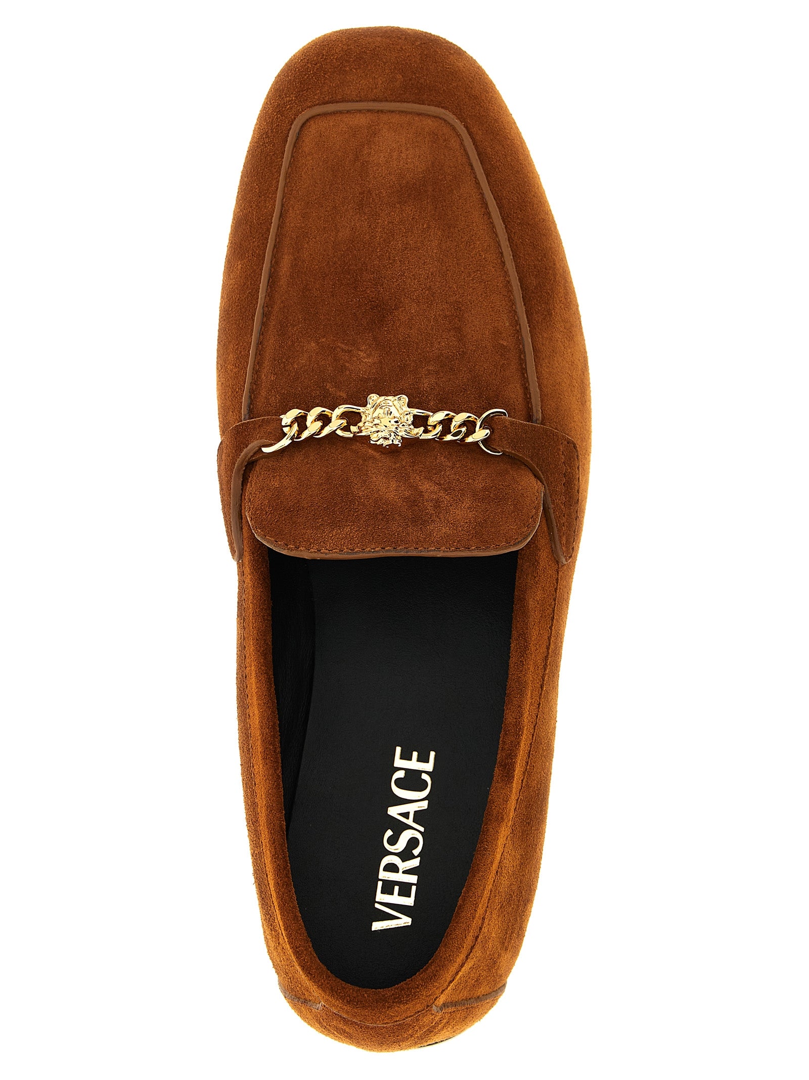 Chaussures mocassins Versace en cuir de veau brun, slip-on, élégantes et confortables pour homme.