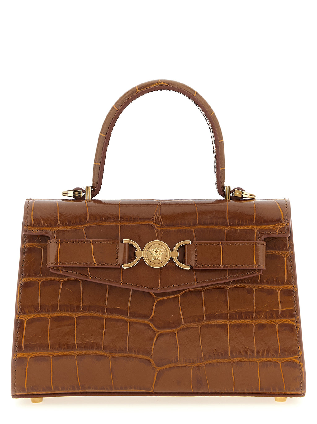 Sac à main en cuir de veau marron Versace, élégant et sophistiqué, avec détails de luxe.