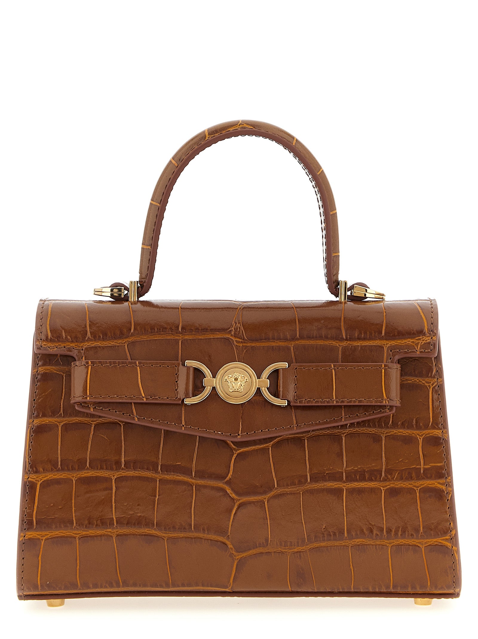 Sac à main en cuir de veau marron Versace, élégant et sophistiqué, avec détails de luxe.