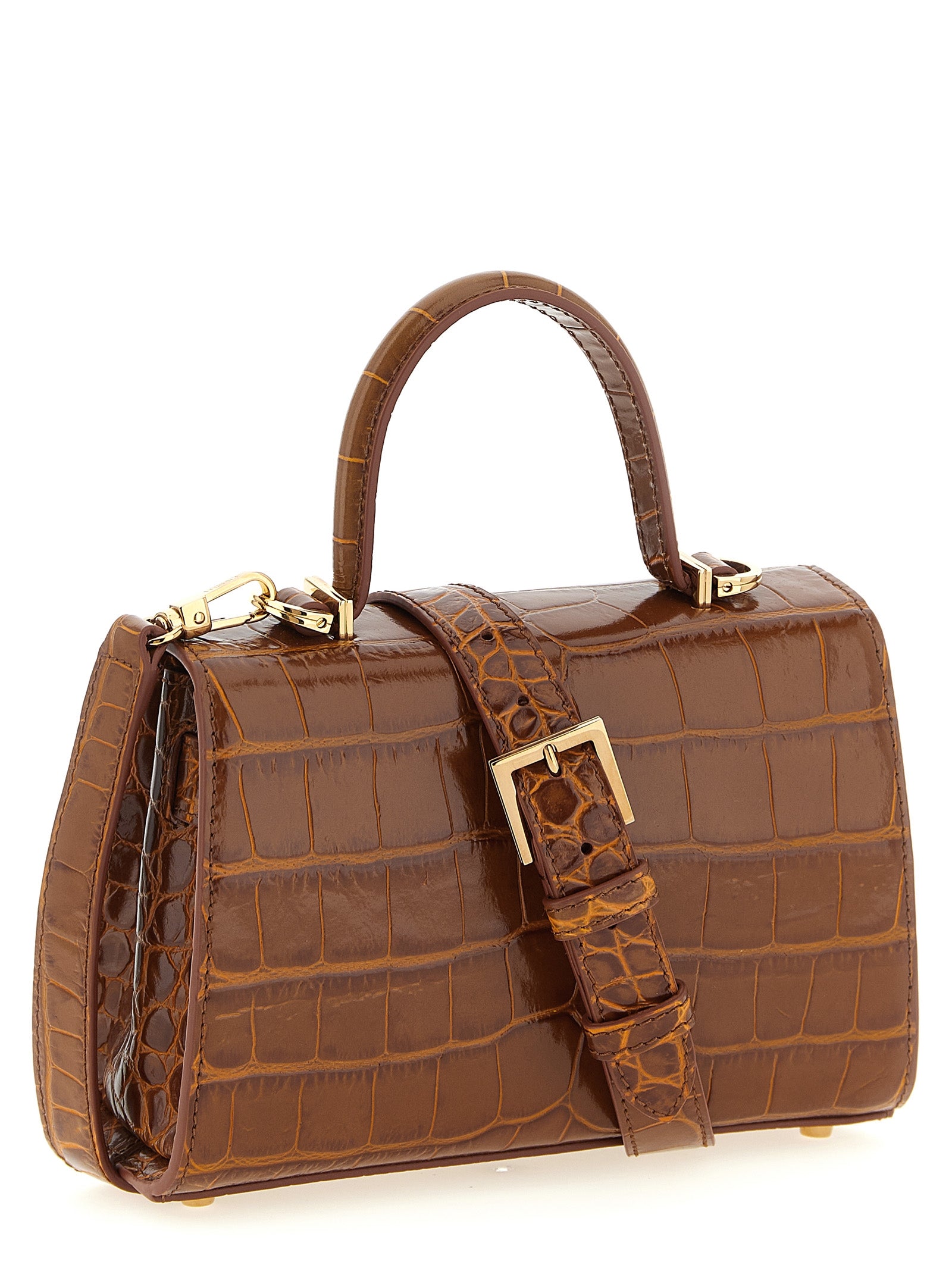 Sac à main en cuir de veau marron de Versace, élégant et sophistiqué, avec détails de luxe et finition soignée.