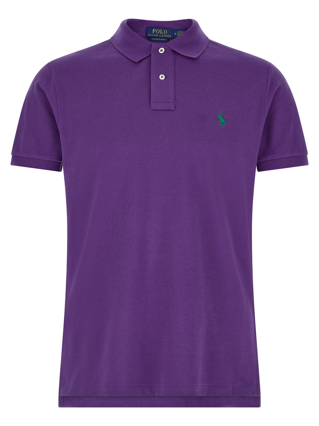 Chemise polo Ralph Lauren en coton violet, à col classique et logo brodé, portée sur un mannequin.